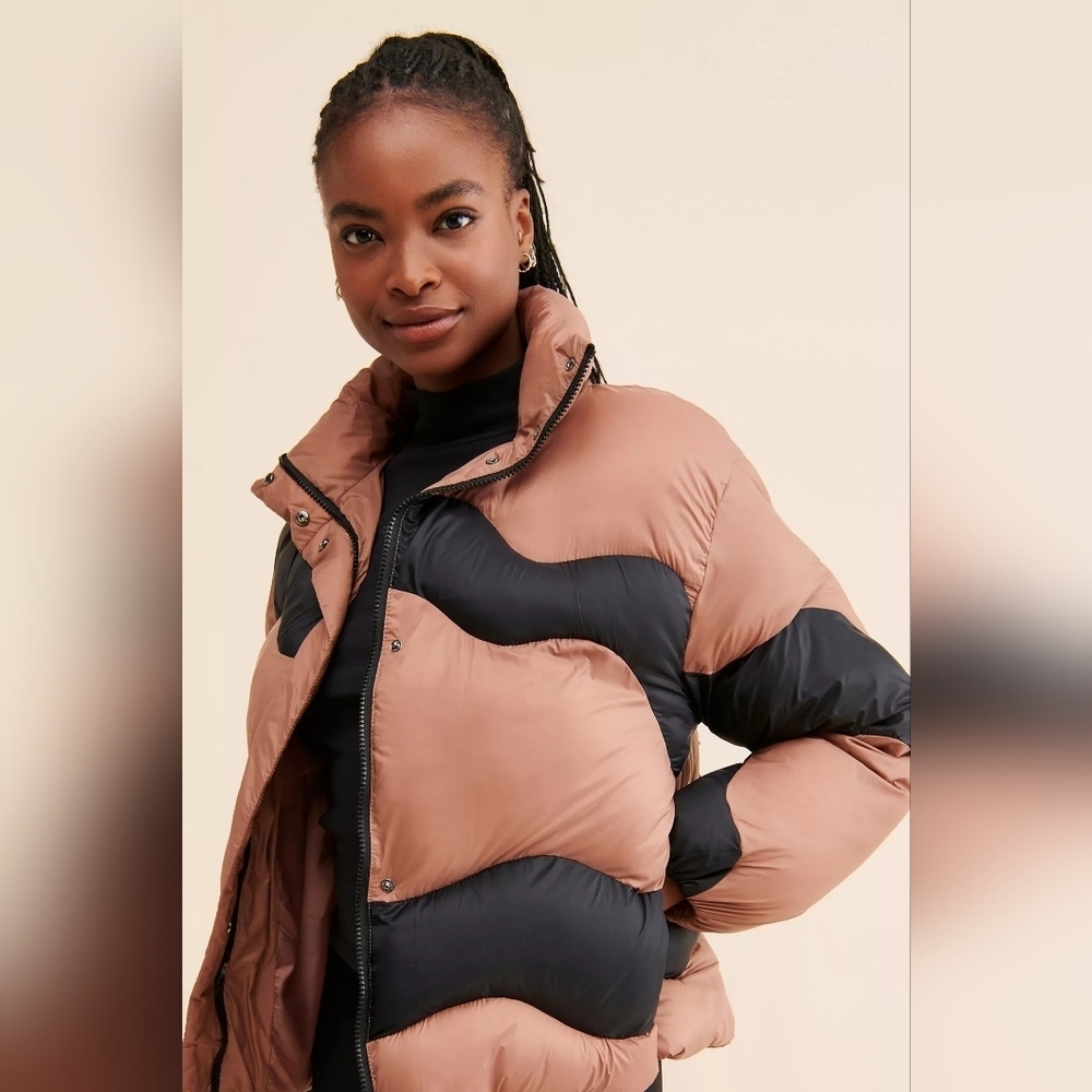 Native Youth Brown And Black Wave Colorblock Oversized Puffer NWT